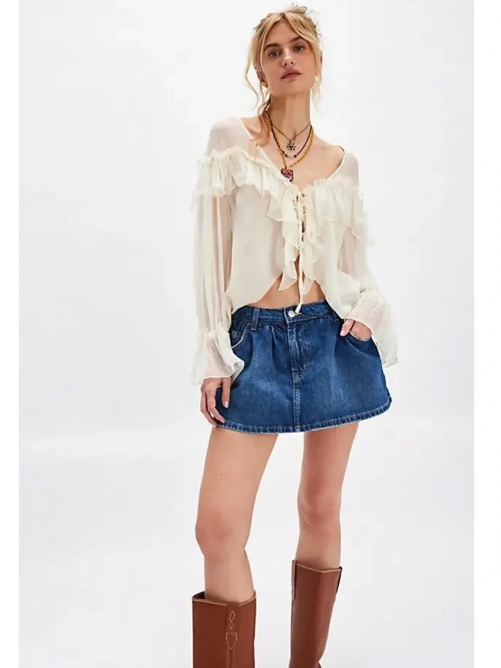 Free People Demi Denim Skort We The Free Mood Ring Blue Mini Skirt Cotton 24 NEW